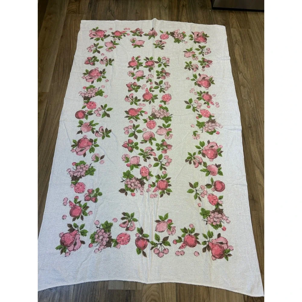 Vintage Fruit Floral Oversized Beach Towel Pink Green White Terry Cloth 46x81